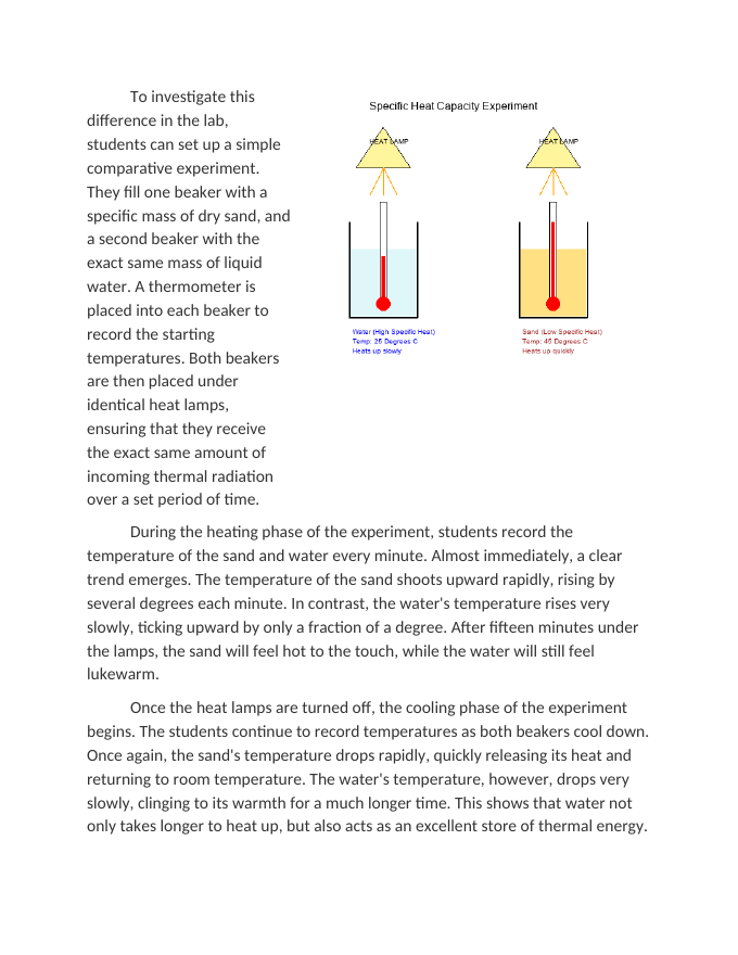 Specific Heat Capacity: Comparing Water and Sand Heating Rates Reading Worksheet sample page