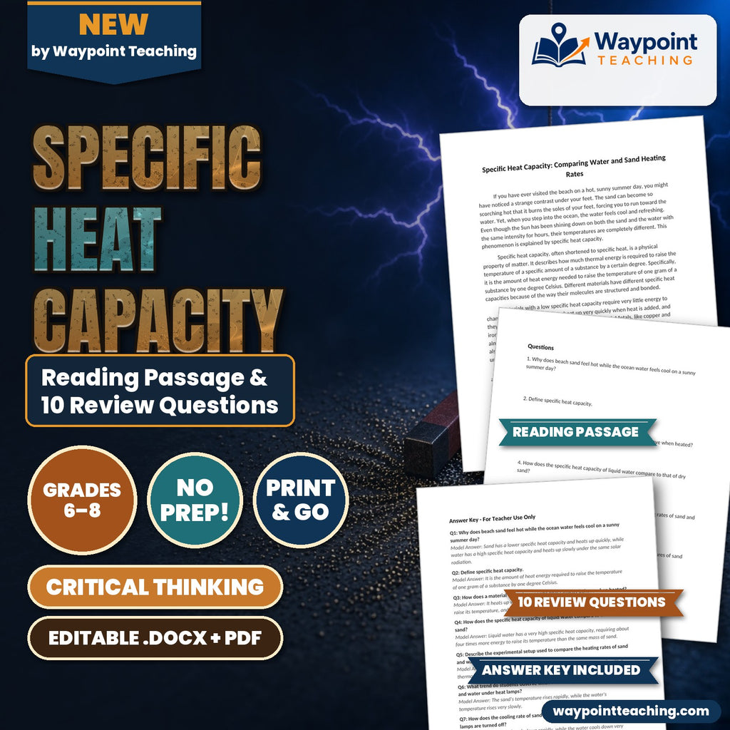 Specific Heat Capacity: Comparing Water and Sand Heating Rates Reading Worksheet cover