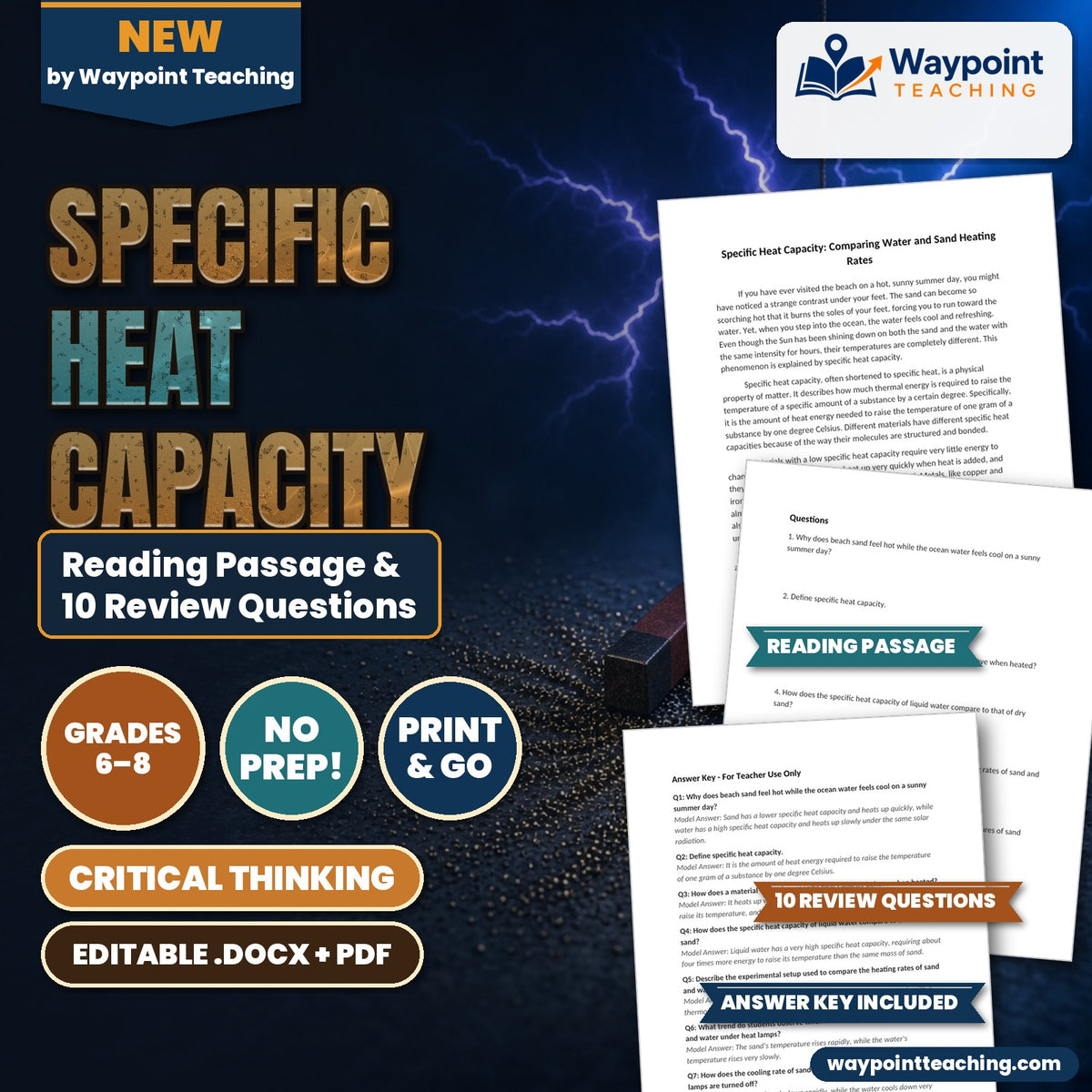 Specific Heat Capacity: Comparing Water and Sand Heating Rates Reading Worksheet cover