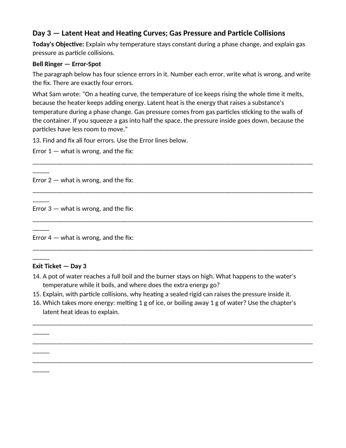 States of Matter & Phase Changes Bell Ringers & Exit Tickets sample page