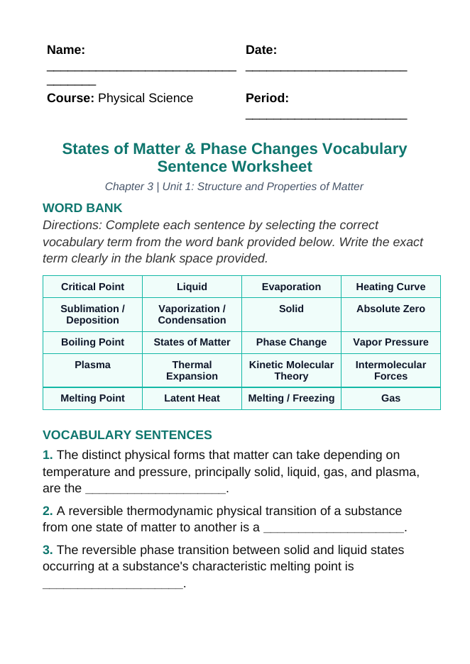 States of Matter & Phase Changes Fill-in-the-Blank Vocabulary Worksheet sample page