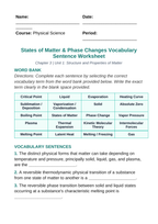 States of Matter & Phase Changes Fill-in-the-Blank Vocabulary Worksheet sample page