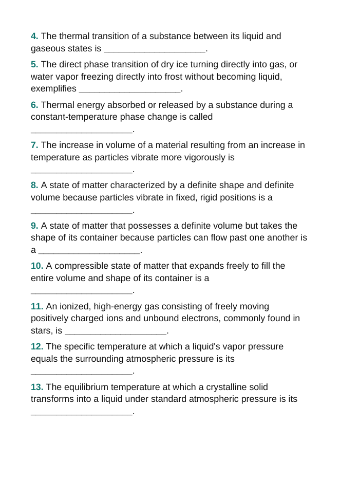 States of Matter & Phase Changes Fill-in-the-Blank Vocabulary Worksheet sample page