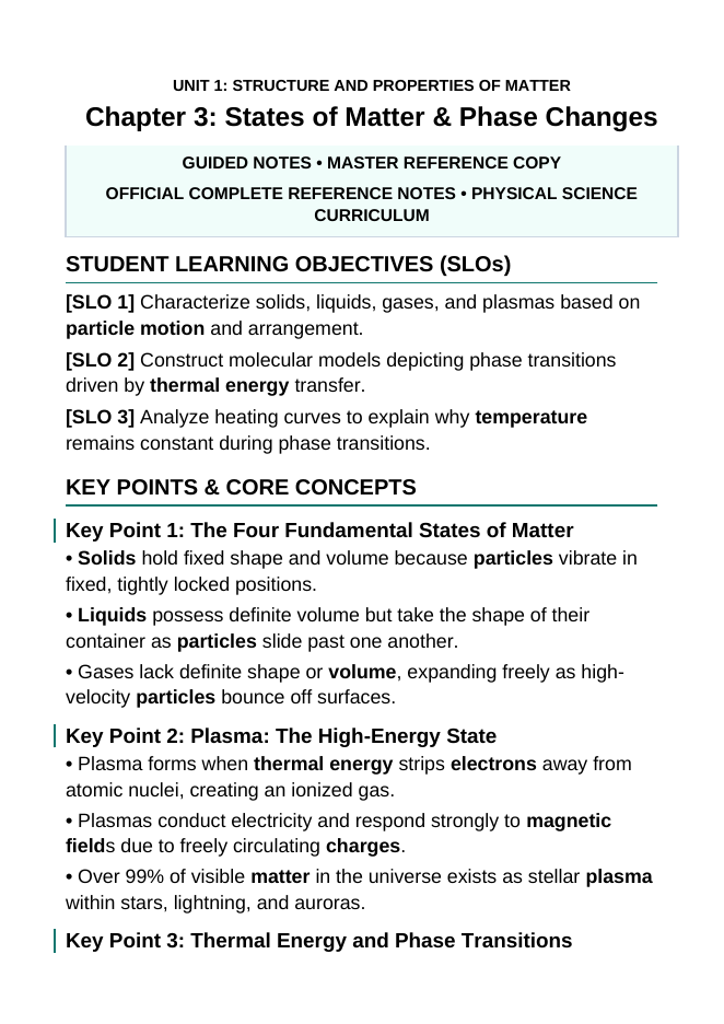 States of Matter & Phase Changes Guided Notes sample page