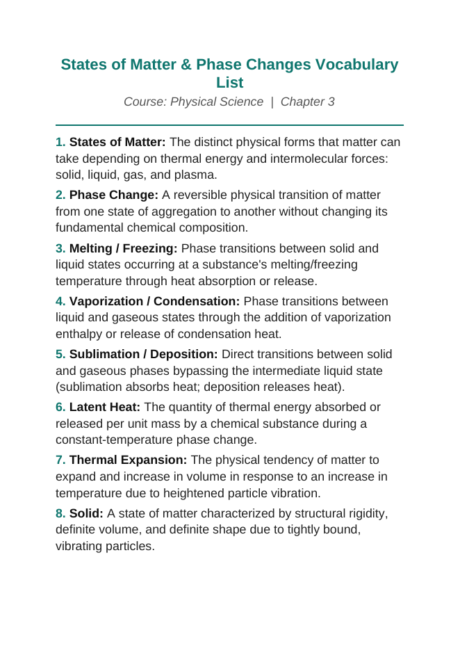 States of Matter & Phase Changes Vocabulary Words & Definitions sample page