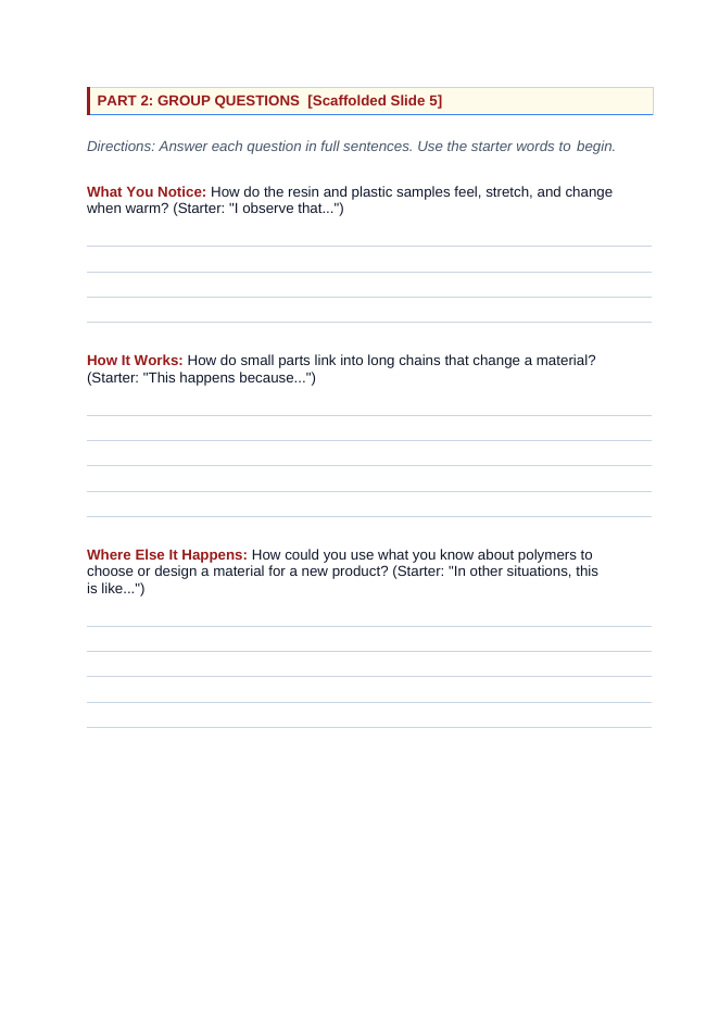 Synthetic Materials from Natural Resources Scaffolded Phenomena-Based Lesson: From Sticky Crude Oil to Bendy Plastic Student Response Sheet sample page