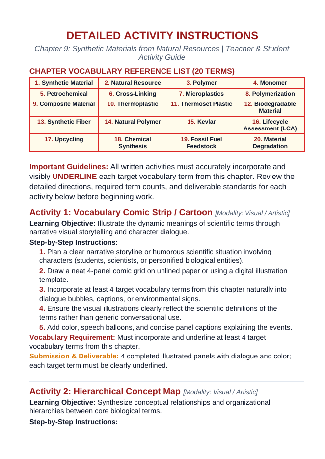 Synthetic Materials from Natural Resources Vocabulary Choice Board sample page