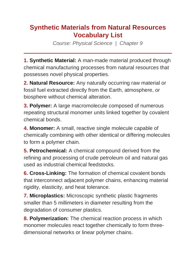 Synthetic Materials from Natural Resources Vocabulary Words & Definitions sample page
