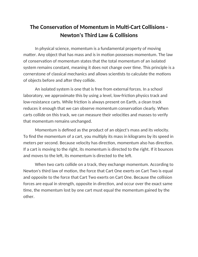 The Conservation of Momentum in Multi-Cart Collisions Reading Worksheet sample page