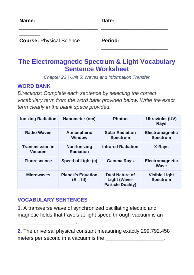 The Electromagnetic Spectrum & Light Fill-in-the-Blank Vocabulary Worksheet sample page