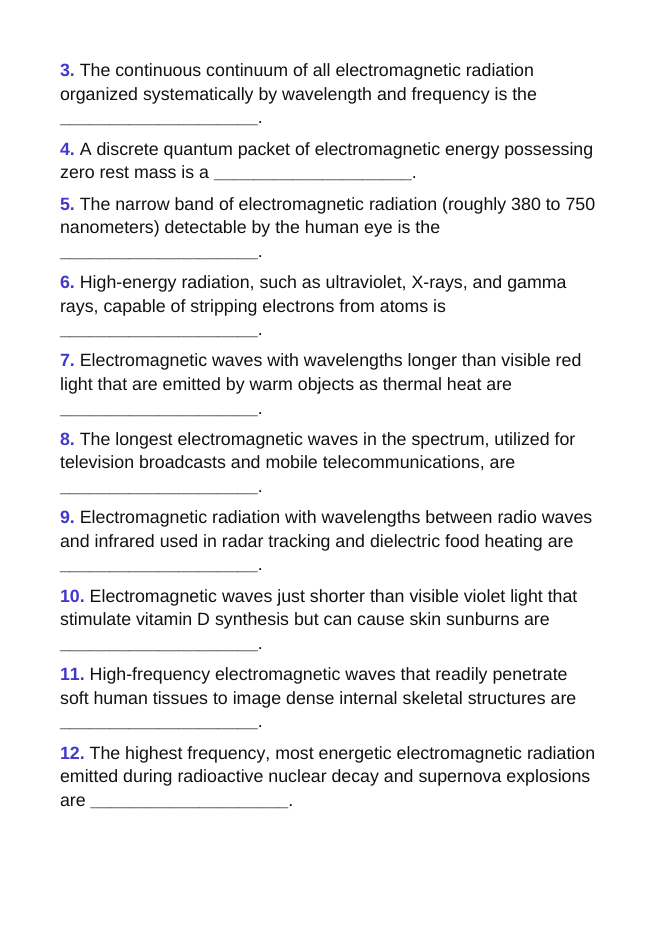 The Electromagnetic Spectrum & Light Fill-in-the-Blank Vocabulary Worksheet sample page