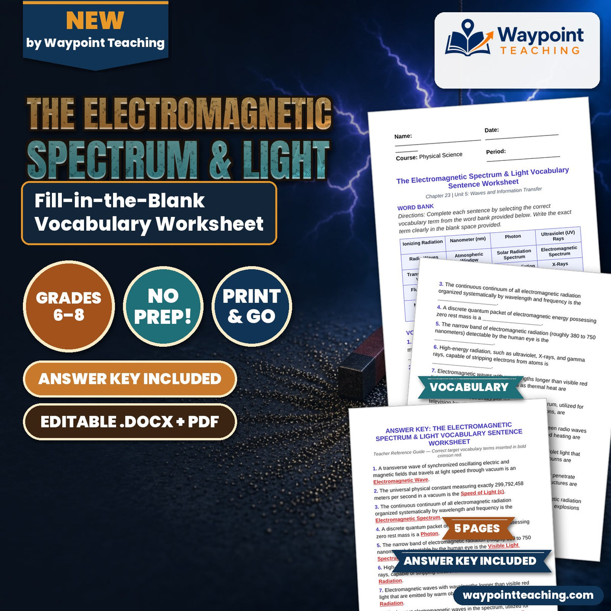 The Electromagnetic Spectrum & Light Fill-in-the-Blank Vocabulary Worksheet cover