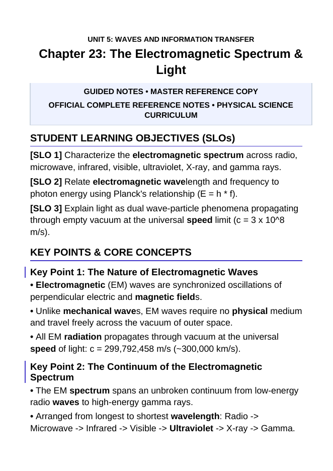 The Electromagnetic Spectrum & Light Guided Notes sample page
