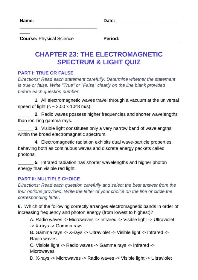 The Electromagnetic Spectrum & Light Lesson Quiz sample page
