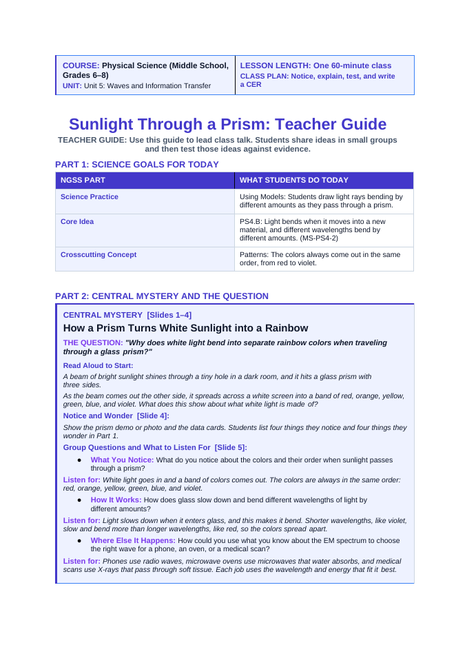 The Electromagnetic Spectrum & Light Phenomena-Based Lesson: How a Prism Turns White Sunlight into a Rainbow Teacher Discussion Guide sample page