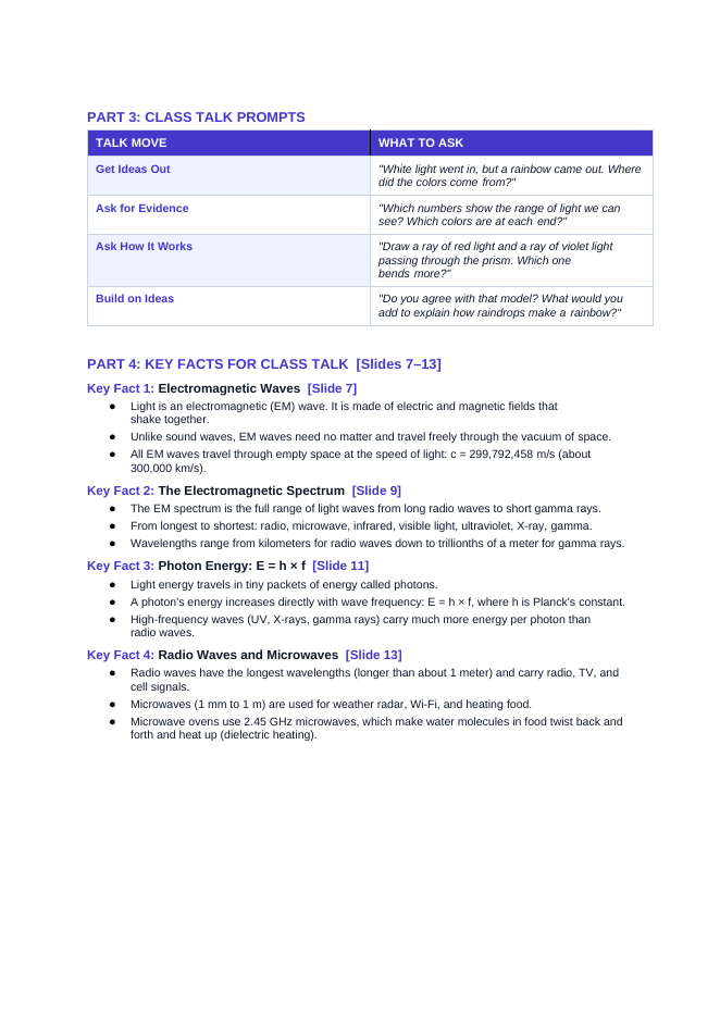 The Electromagnetic Spectrum & Light Phenomena-Based Lesson: How a Prism Turns White Sunlight into a Rainbow Teacher Discussion Guide sample page