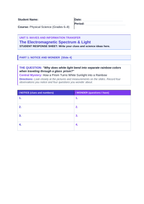 The Electromagnetic Spectrum & Light Phenomena-Based Lesson: How a Prism Turns White Sunlight into a Rainbow Student Response Sheet sample page