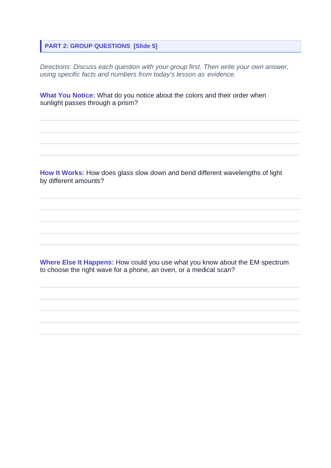 The Electromagnetic Spectrum & Light Phenomena-Based Lesson: How a Prism Turns White Sunlight into a Rainbow Student Response Sheet sample page
