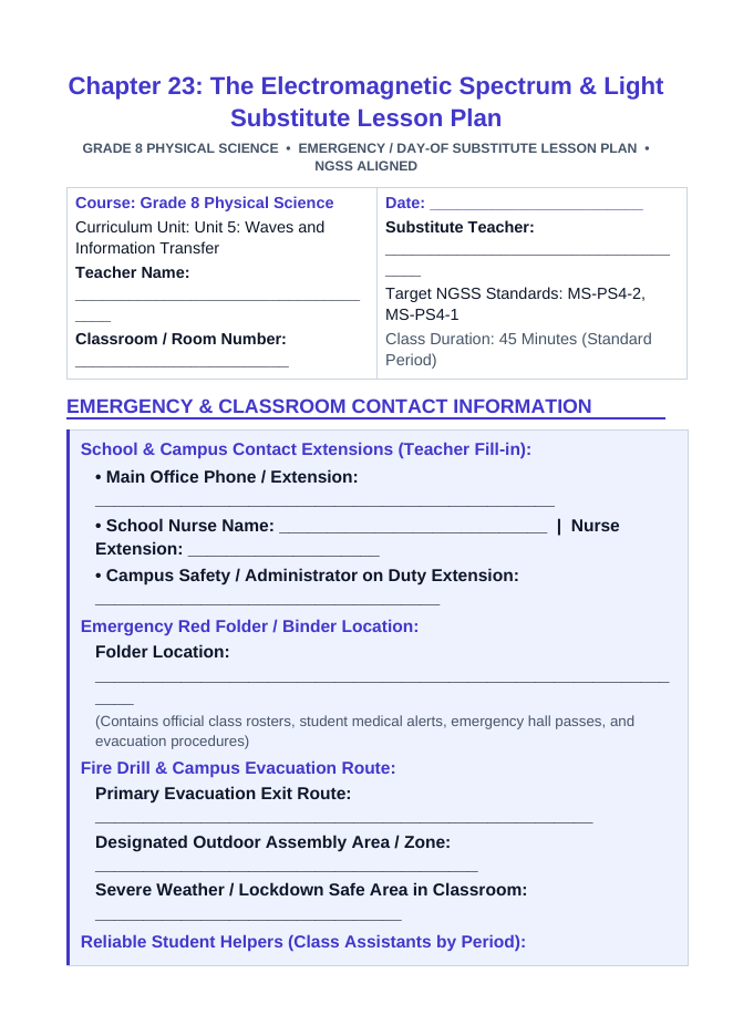 The Electromagnetic Spectrum & Light Substitute Lesson Plan sample page