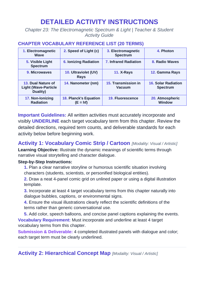 The Electromagnetic Spectrum & Light Vocabulary Choice Board sample page