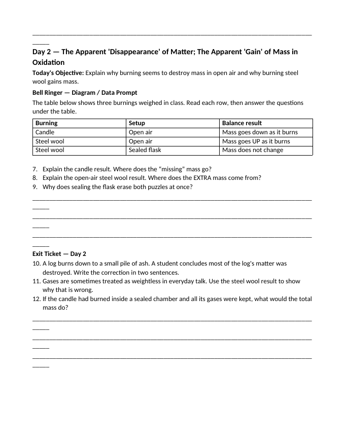 The Law of Conservation of Mass Bell Ringers & Exit Tickets sample page
