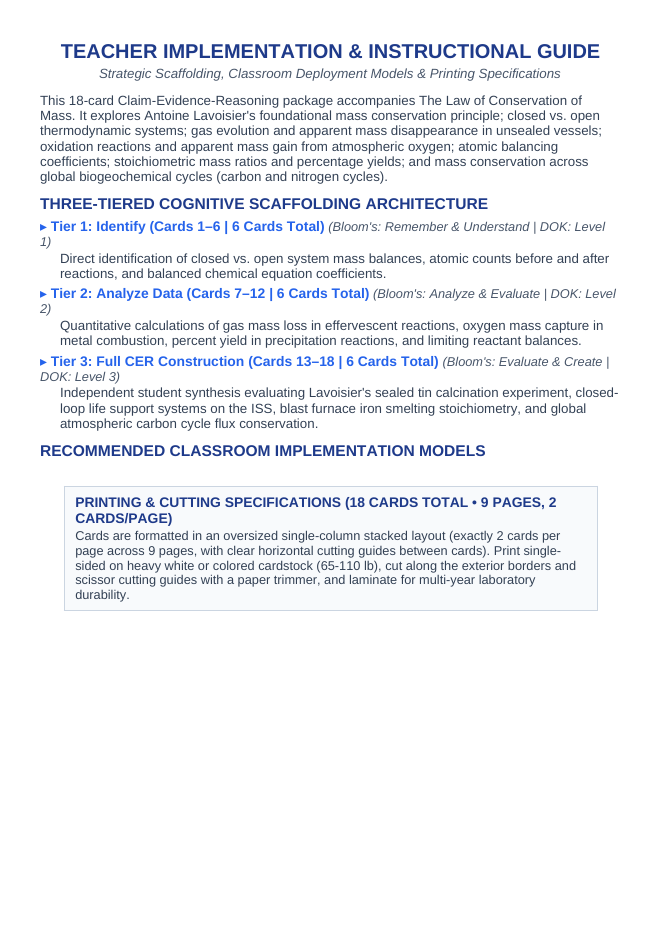 The Law of Conservation of Mass CER Task Cards sample page