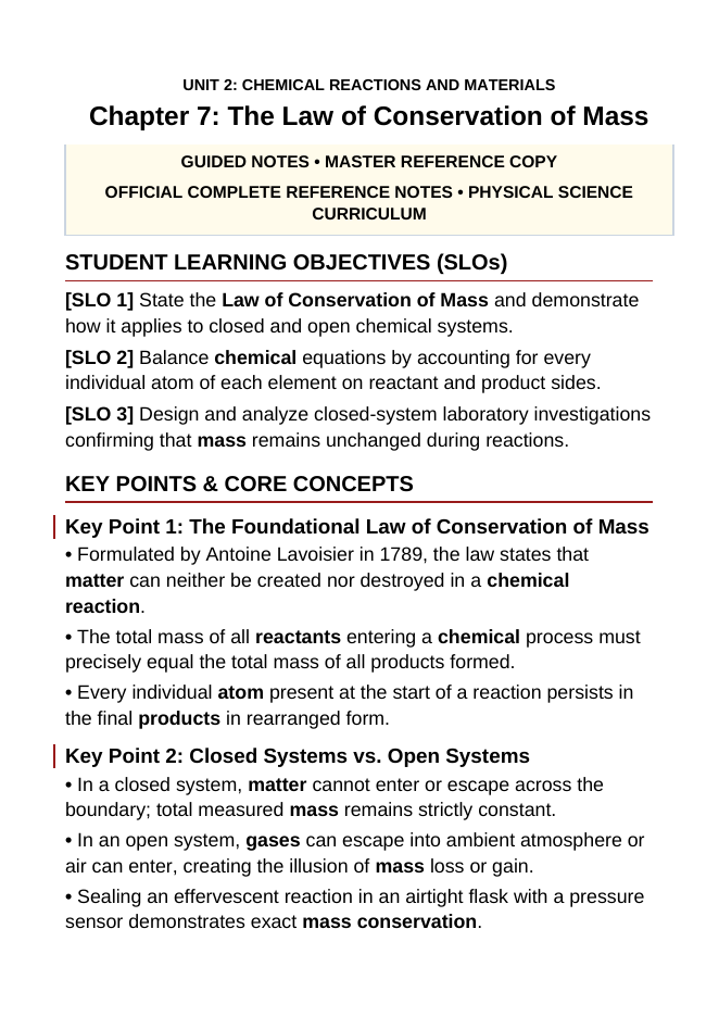 The Law of Conservation of Mass Guided Notes sample page