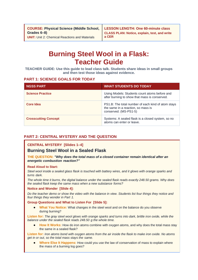 The Law of Conservation of Mass Phenomena-Based Lesson: Burning Steel Wool in a Sealed Flask Teacher Discussion Guide sample page