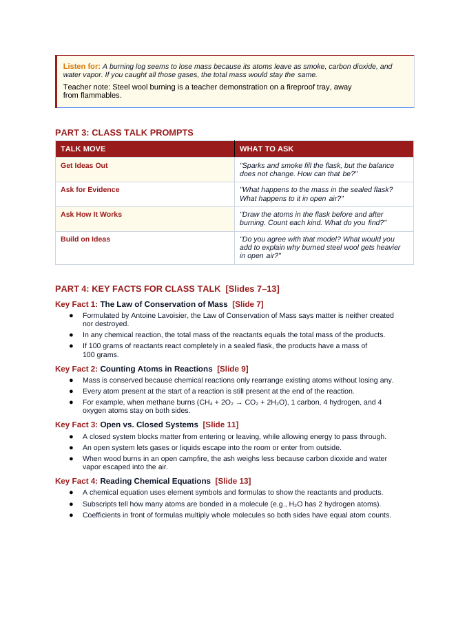 The Law of Conservation of Mass Phenomena-Based Lesson: Burning Steel Wool in a Sealed Flask Teacher Discussion Guide sample page