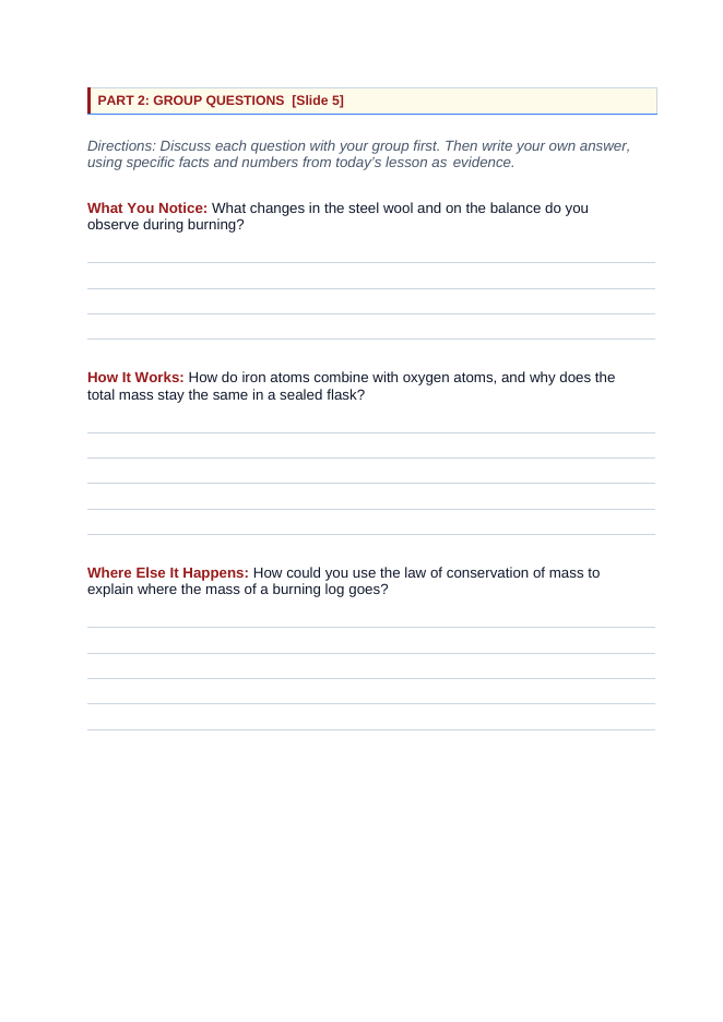 The Law of Conservation of Mass Phenomena-Based Lesson: Burning Steel Wool in a Sealed Flask Student Response Sheet sample page