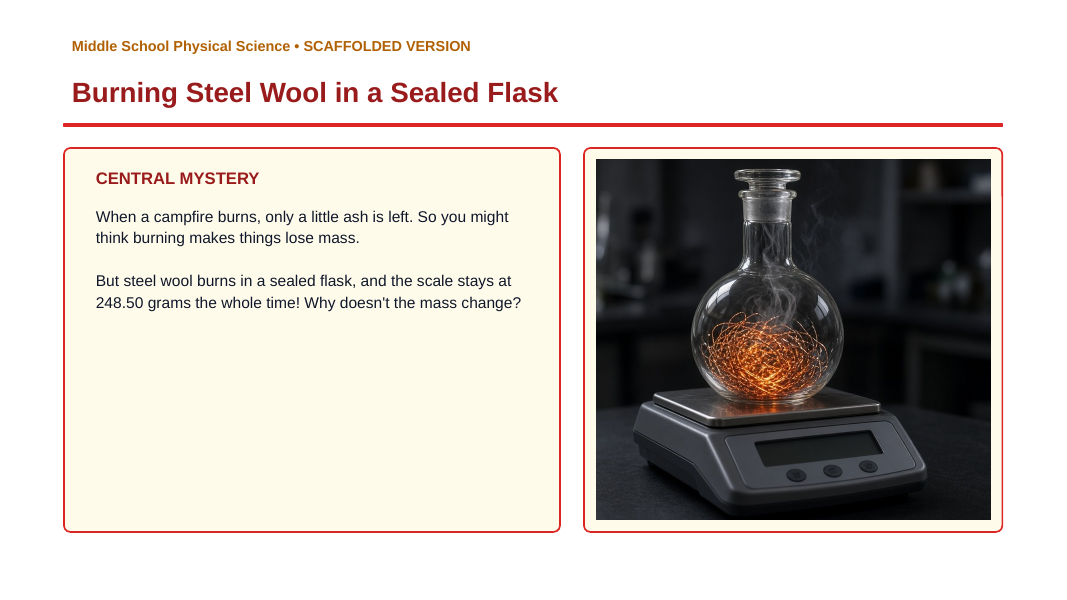 The Law of Conservation of Mass Scaffolded Phenomena-Based Lesson: Burning Steel Wool in a Sealed Flask Presentation sample page