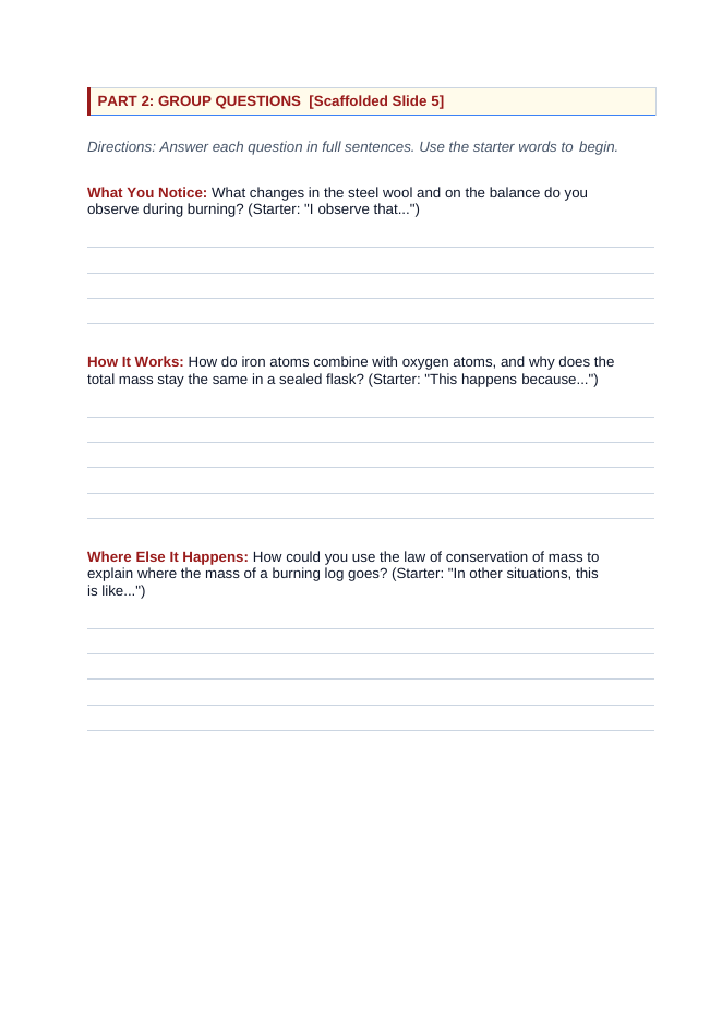 The Law of Conservation of Mass Scaffolded Phenomena-Based Lesson: Burning Steel Wool in a Sealed Flask Student Response Sheet sample page