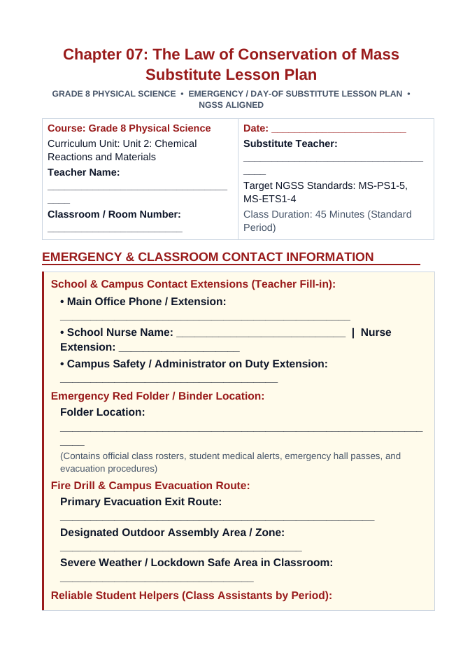 The Law of Conservation of Mass Substitute Lesson Plan sample page