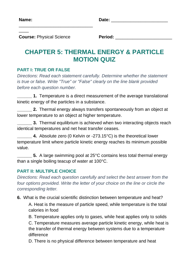 Thermal Energy & Particle Motion Lesson Quiz sample page