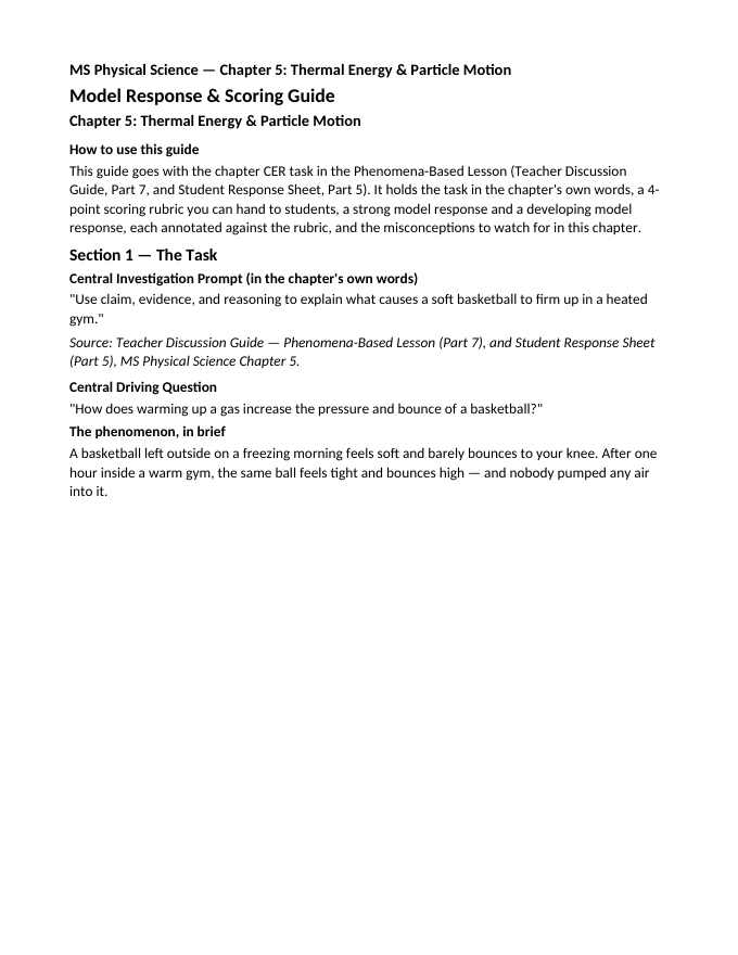 Thermal Energy & Particle Motion Model Response & Scoring Guide sample page