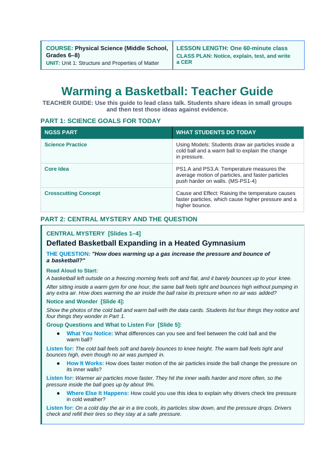 Thermal Energy & Particle Motion Phenomena-Based Lesson: Deflated Basketball Expanding in a Heated Gymnasium Teacher Discussion Guide sample page