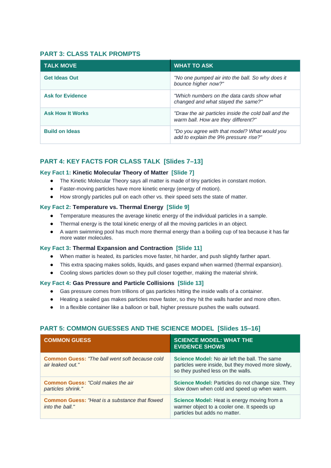 Thermal Energy & Particle Motion Phenomena-Based Lesson: Deflated Basketball Expanding in a Heated Gymnasium Teacher Discussion Guide sample page