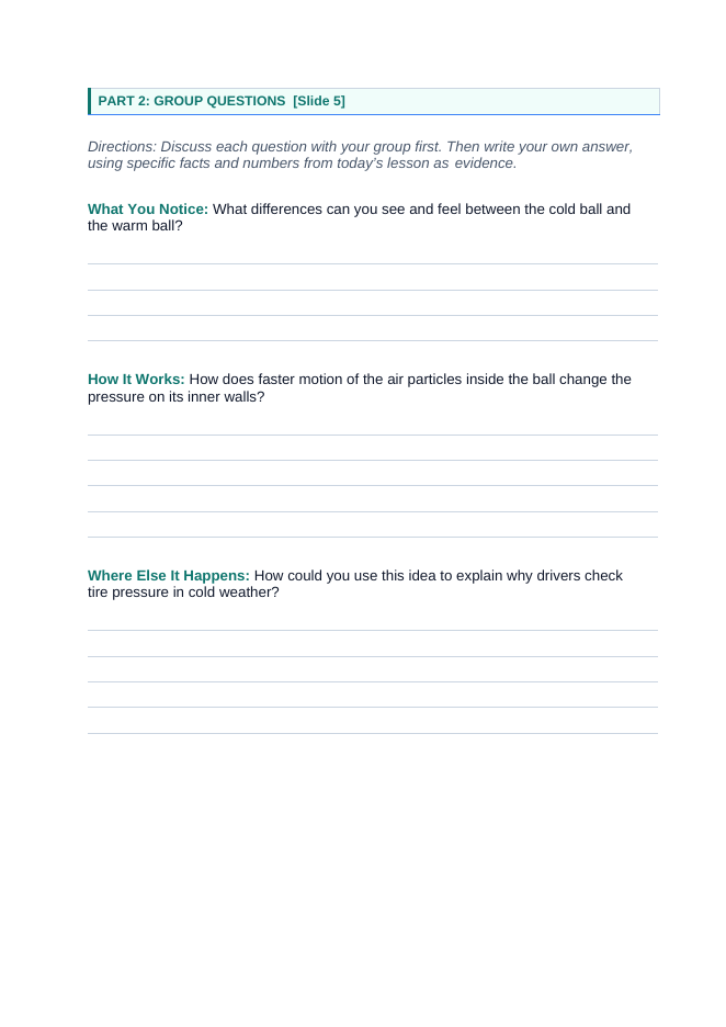 Thermal Energy & Particle Motion Phenomena-Based Lesson: Deflated Basketball Expanding in a Heated Gymnasium Student Response Sheet sample page