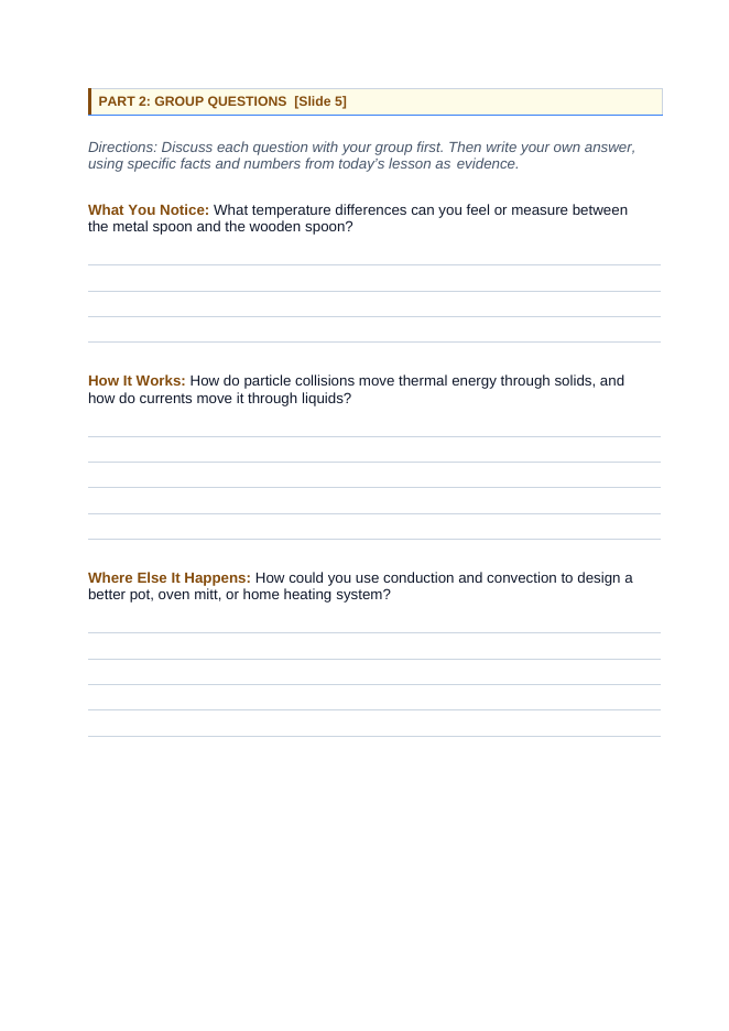 Thermal Energy Transfer Phenomena-Based Lesson: Why a Metal Spoon Gets Hot but a Wooden One Stays Cool Student Response Sheet sample page