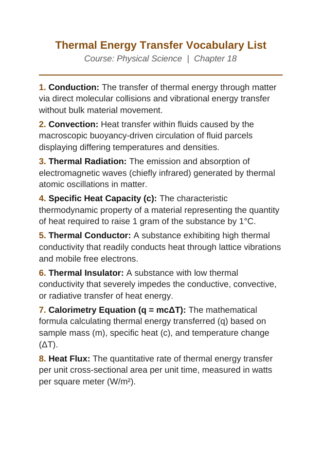 Thermal Energy Transfer Vocabulary Words & Definitions sample page
