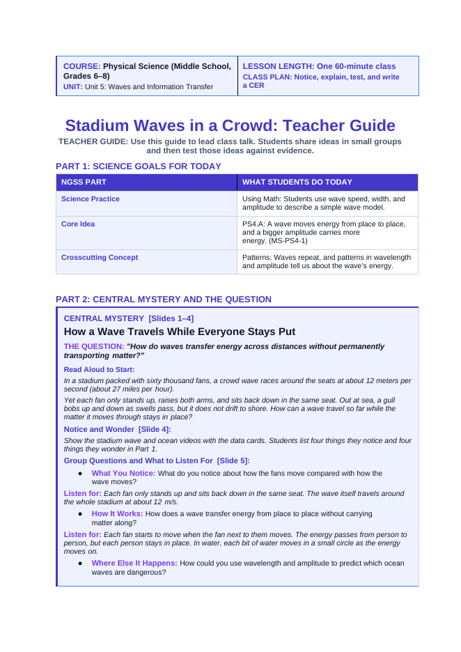 Wave Characteristics & Behavior Basics Phenomena-Based Lesson: How a Wave Travels While Everyone Stays Put Teacher Discussion Guide sample page