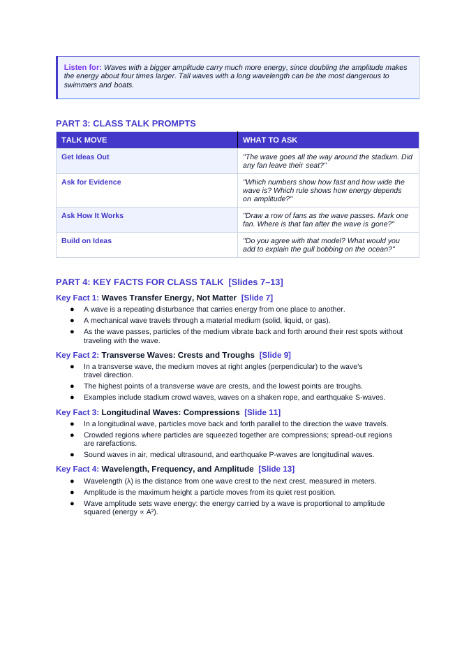 Wave Characteristics & Behavior Basics Phenomena-Based Lesson: How a Wave Travels While Everyone Stays Put Teacher Discussion Guide sample page