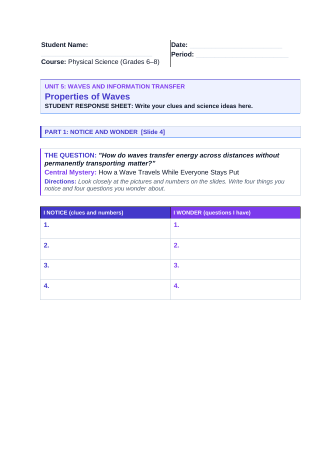 Wave Characteristics & Behavior Basics Phenomena-Based Lesson: How a Wave Travels While Everyone Stays Put Student Response Sheet sample page