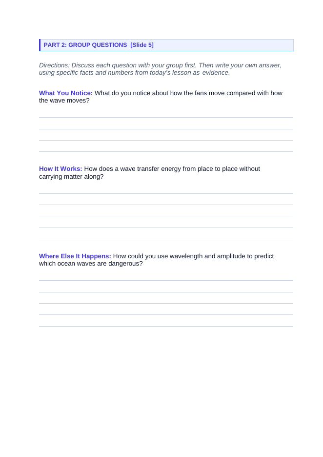 Wave Characteristics & Behavior Basics Phenomena-Based Lesson: How a Wave Travels While Everyone Stays Put Student Response Sheet sample page