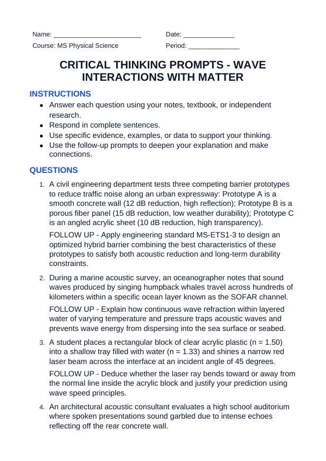 Wave Interactions with Matter Critical Thinking Prompts sample page