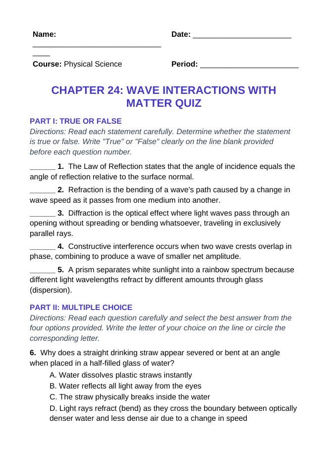 Wave Interactions with Matter Lesson Quiz sample page
