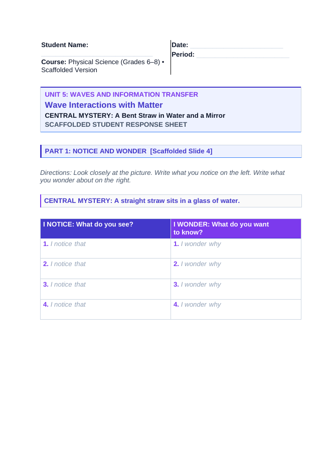 Wave Interactions with Matter Scaffolded Phenomena-Based Lesson: Why Does a Straw Look Bent in Water? Student Response Sheet sample page