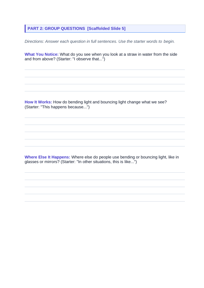 Wave Interactions with Matter Scaffolded Phenomena-Based Lesson: Why Does a Straw Look Bent in Water? Student Response Sheet sample page